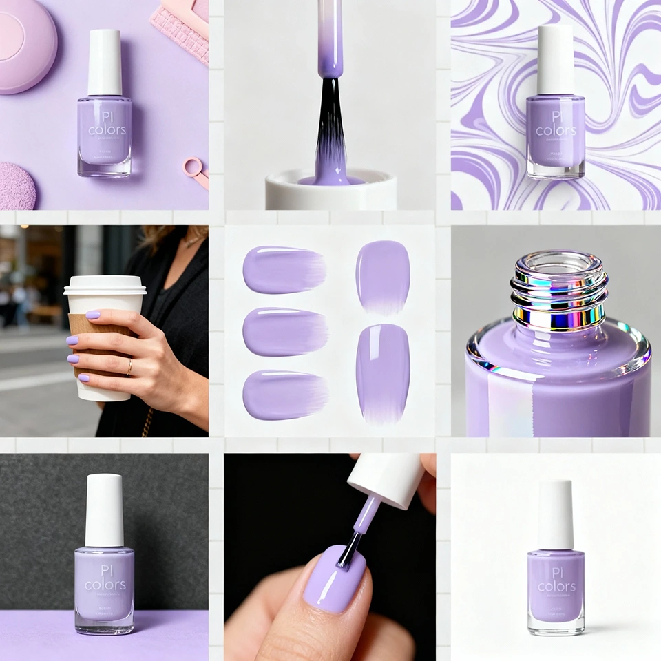 A nine-panel grid image for the nail polish product generated with GPT 4o Image Generation in PicLumen