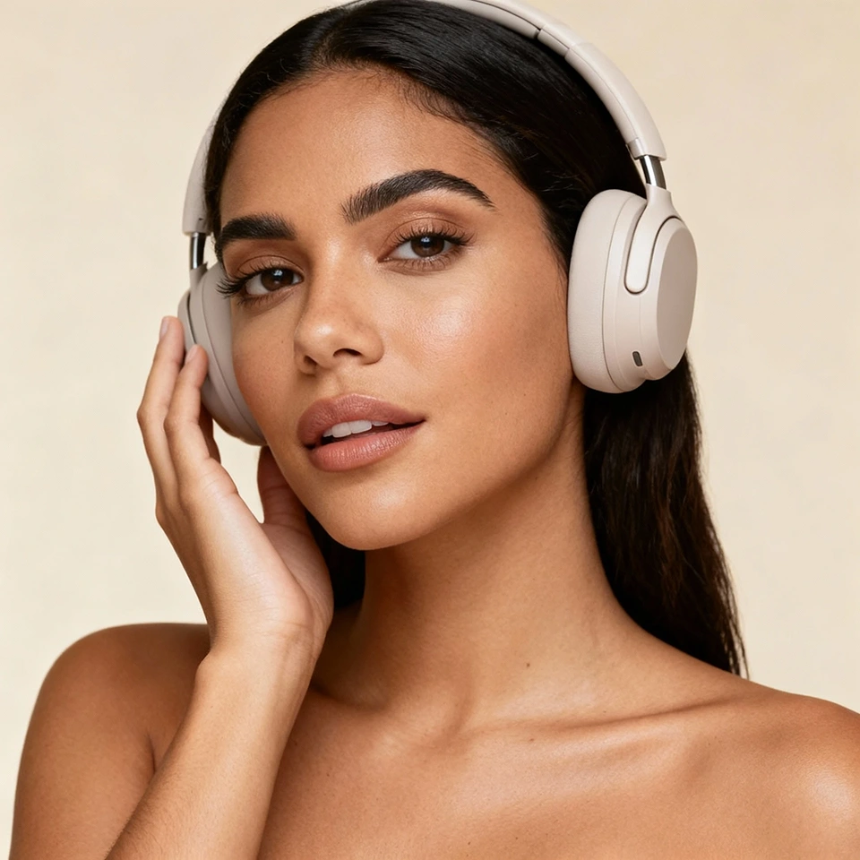 A Columbian female model wearing wireless headphone made by ChatGPT image generator in PicLumen