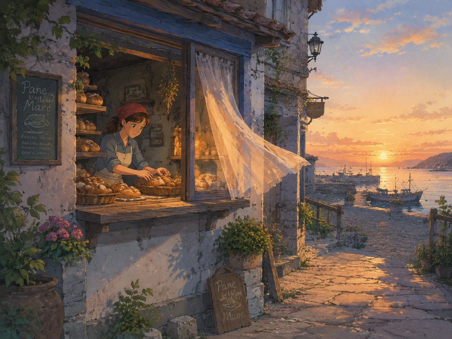 Studio Ghibli style AI image of a seaside bakery at sunrise