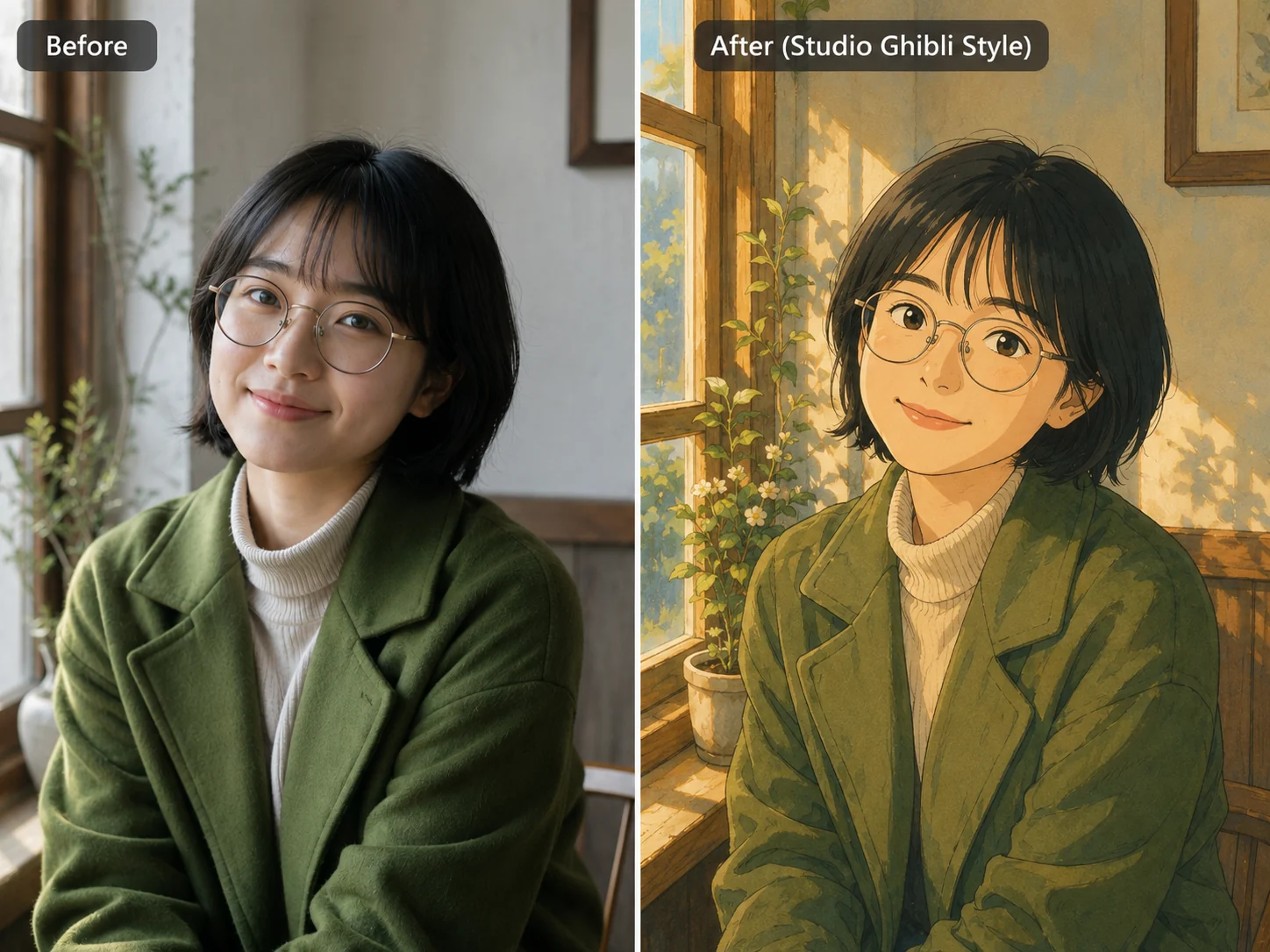 before and after portrait converted to Studio Ghibli style online