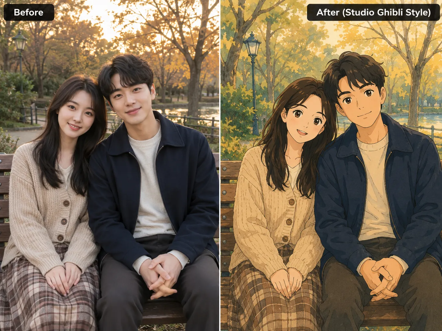 couple photo transformed into Studio Ghibli style AI art