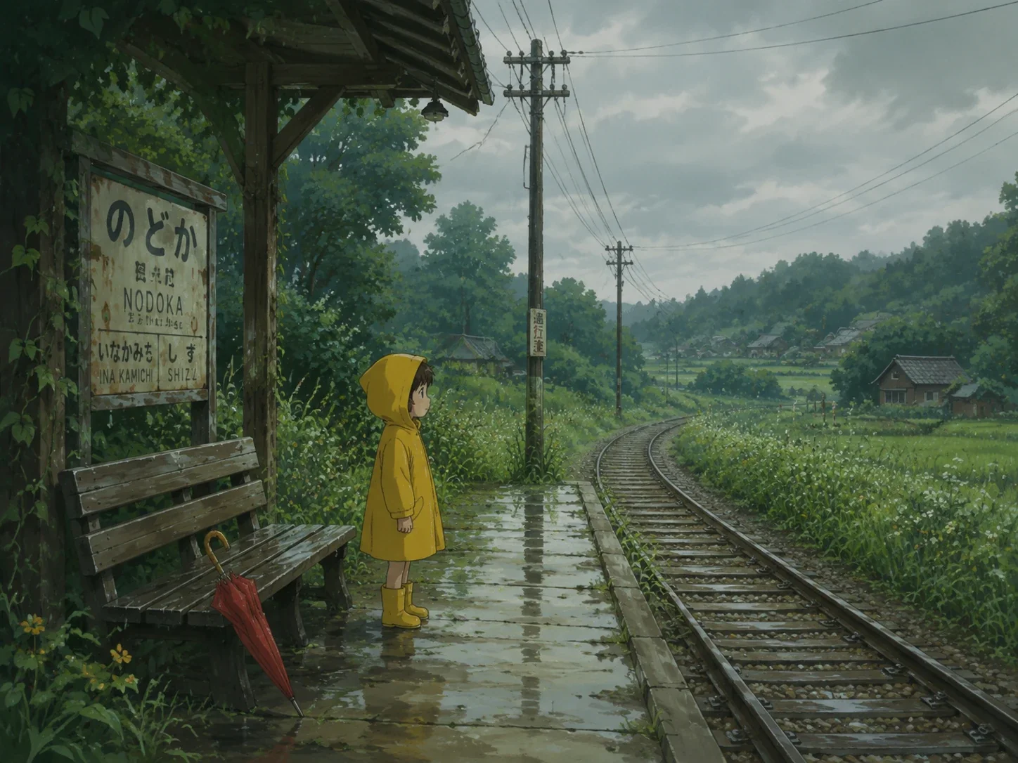 child waiting at a rural train stop in Studio Ghibli style
