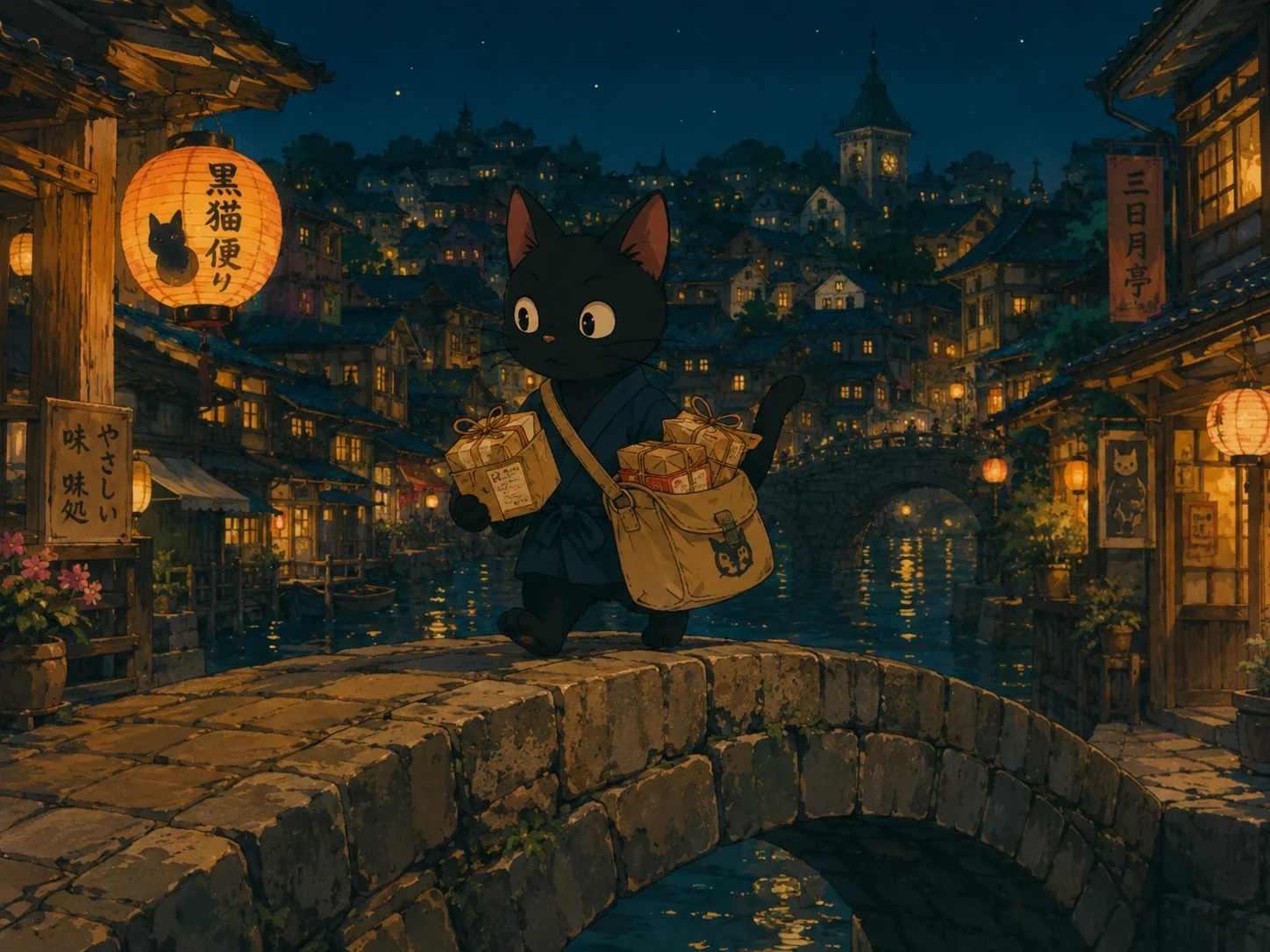 fantasy cat courier generated in Studio Ghibli style