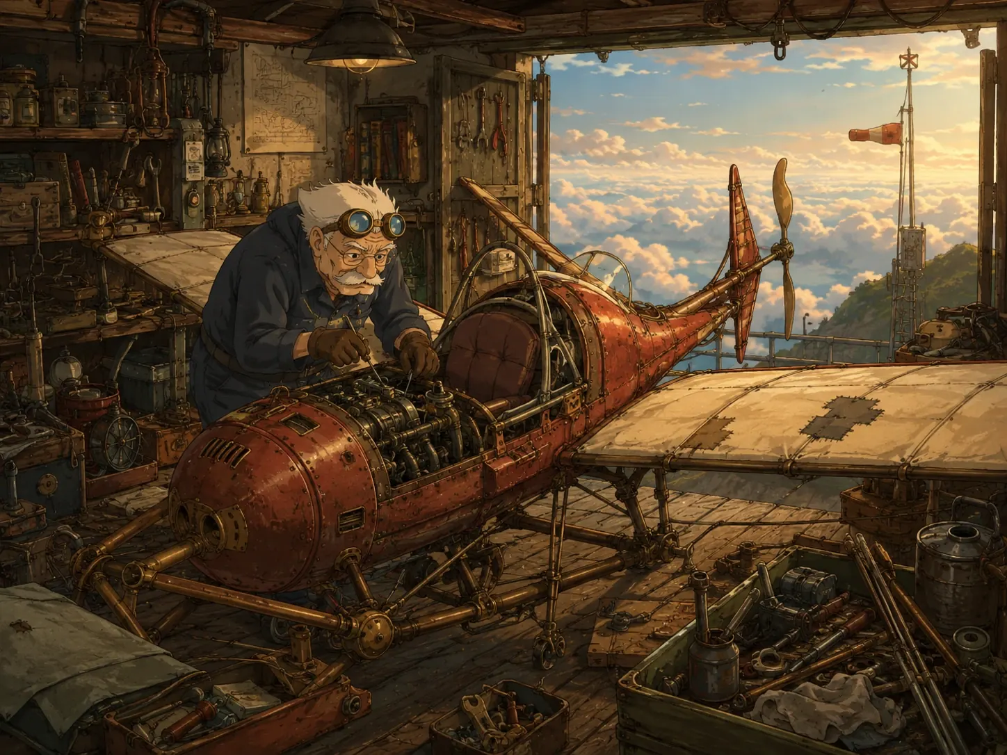 mechanic repairing a fantasy flying machine in Studio Ghibli style