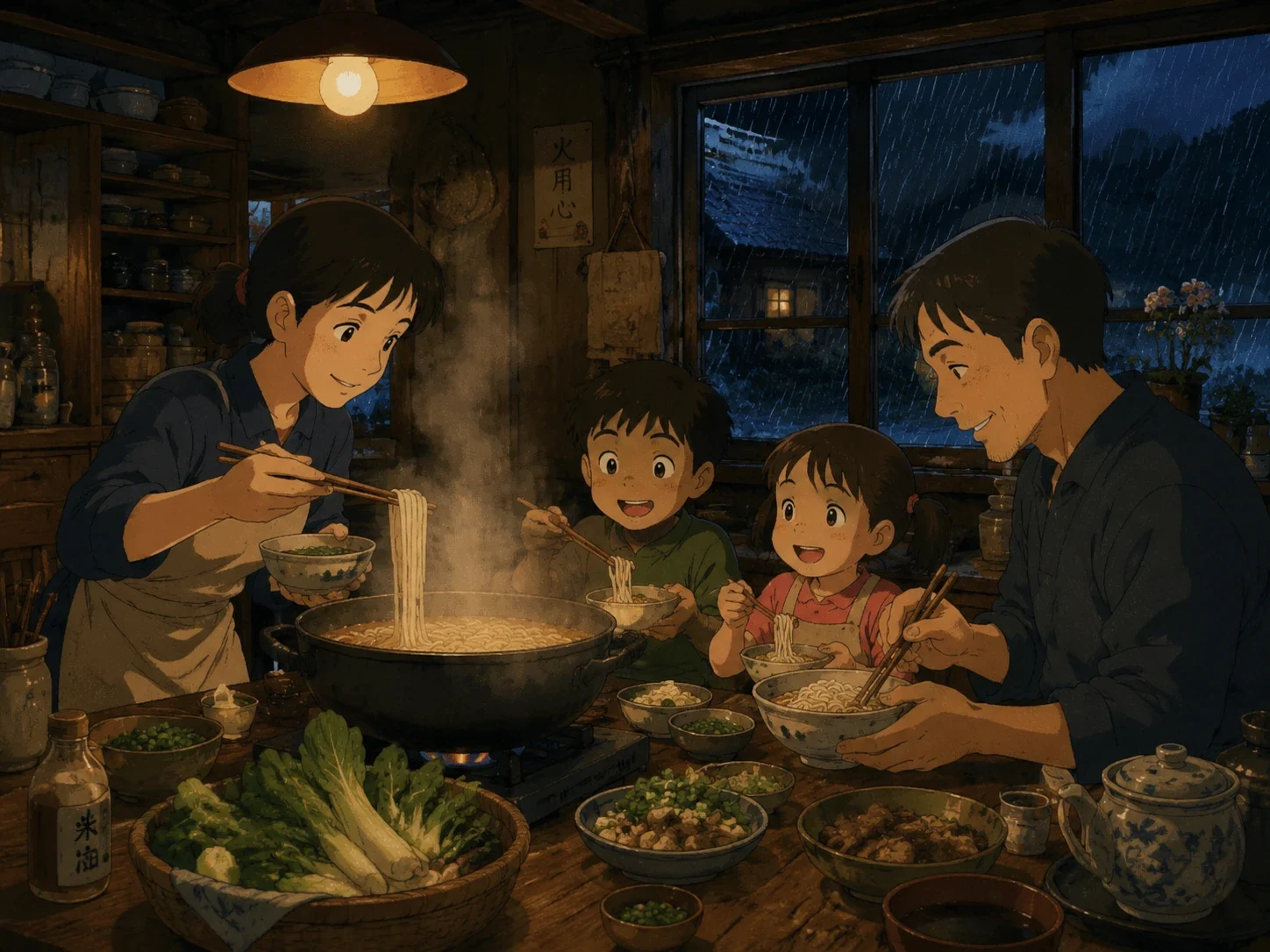 family cooking during a storm in Studio Ghibli style