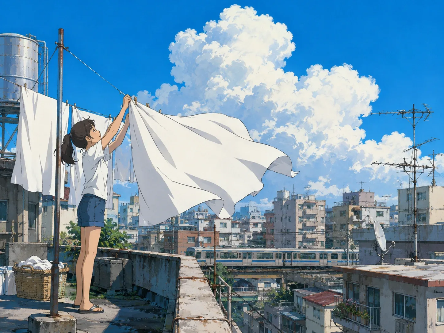urban rooftop beneath summer clouds in Studio Ghibli style