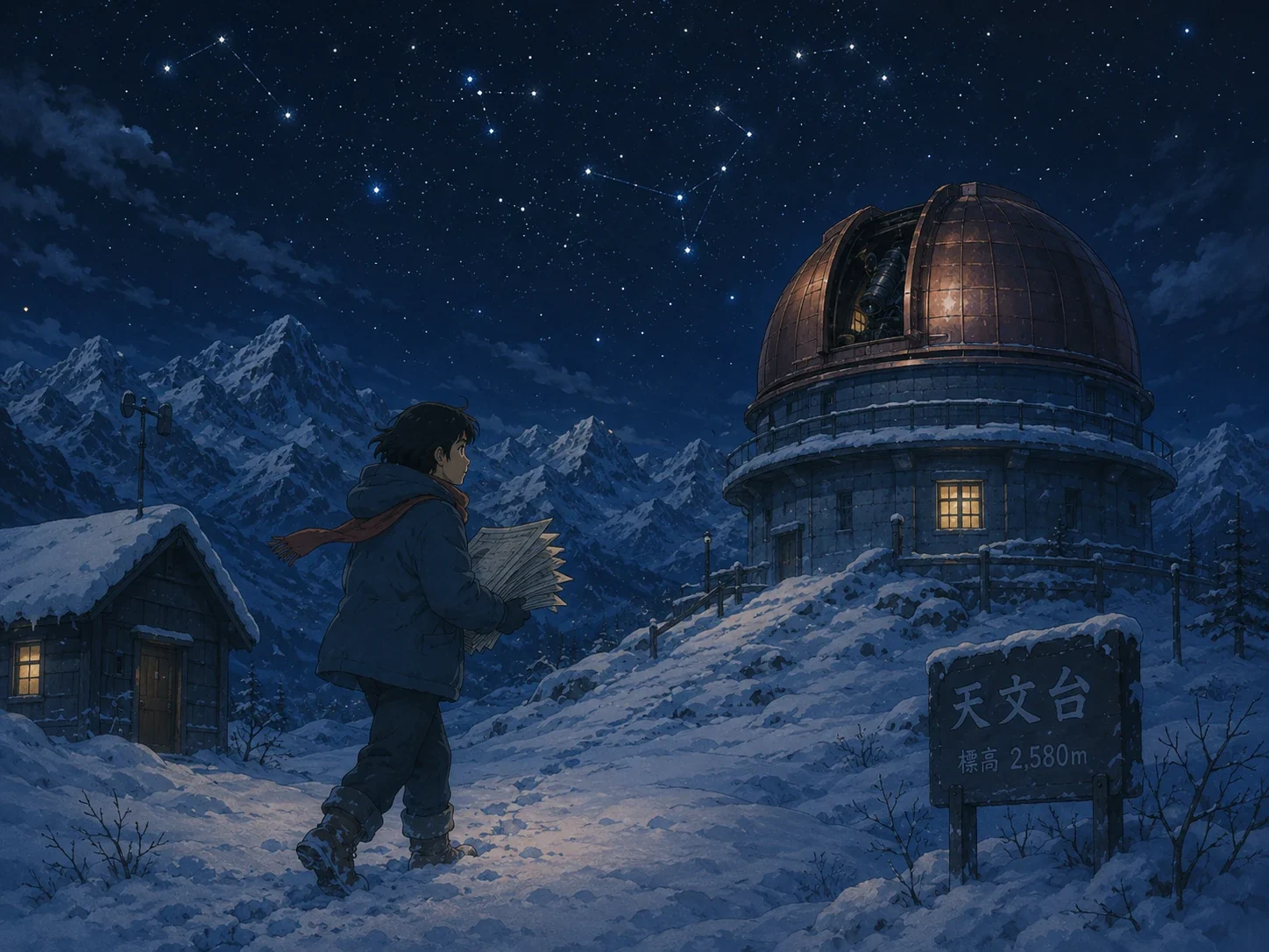 snowbound observatory created in Studio Ghibli style