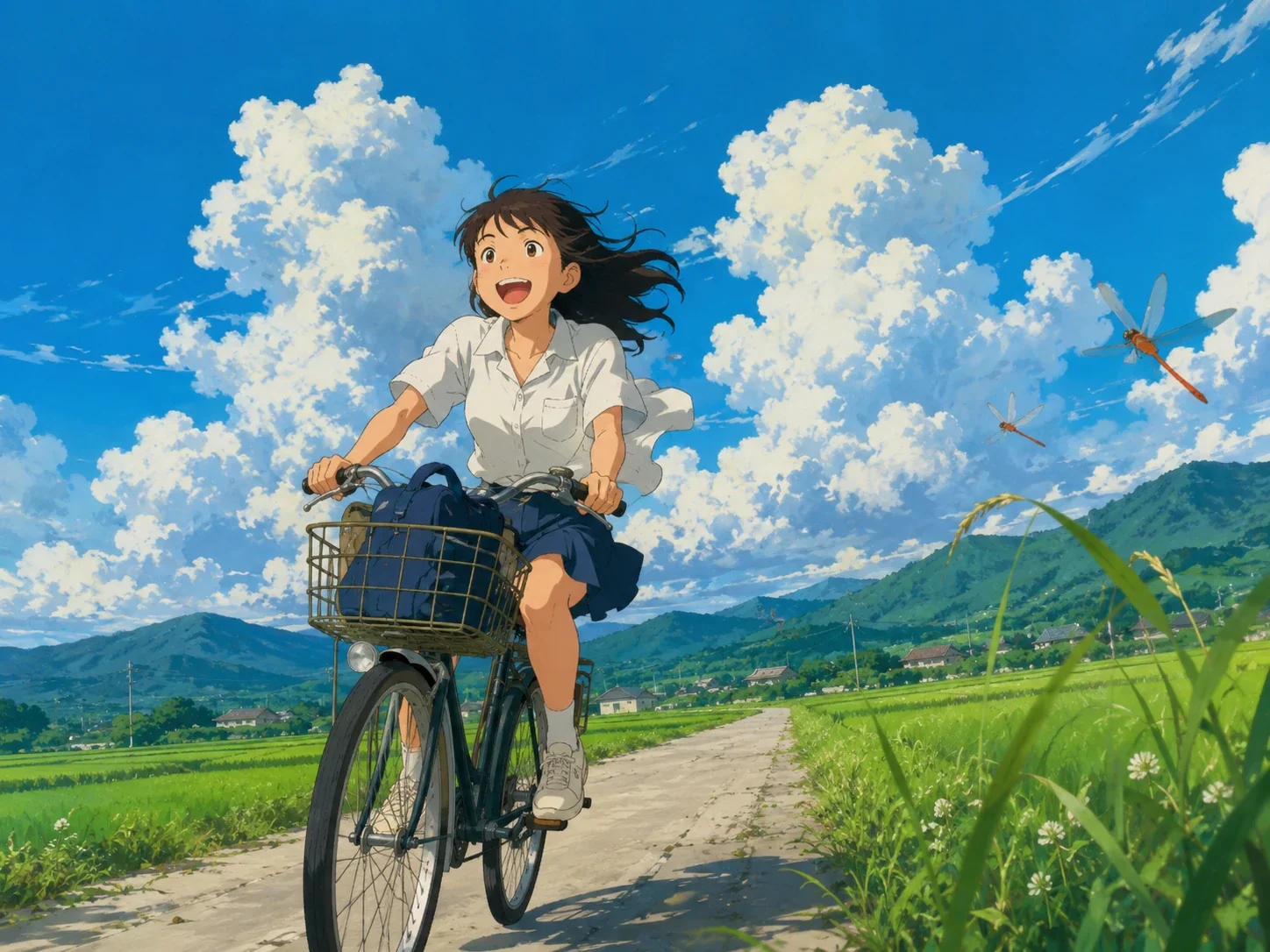girl cycling through rice fields in Studio Ghibli style