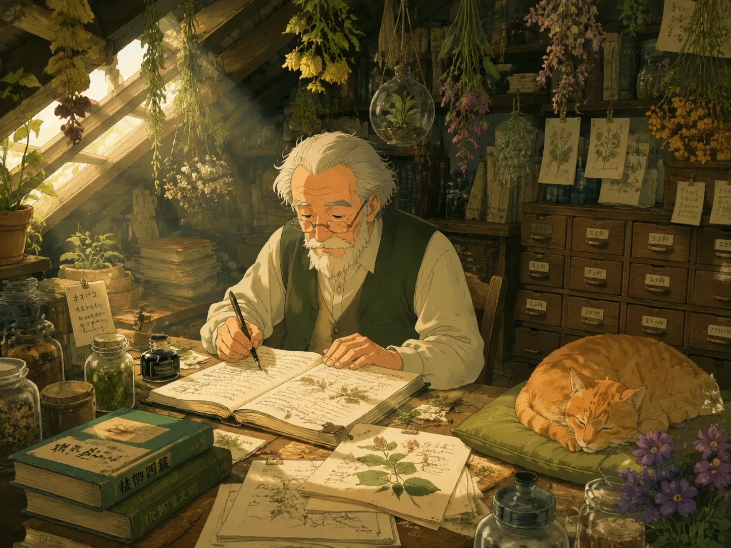cozy botanist attic generated in Studio Ghibli style