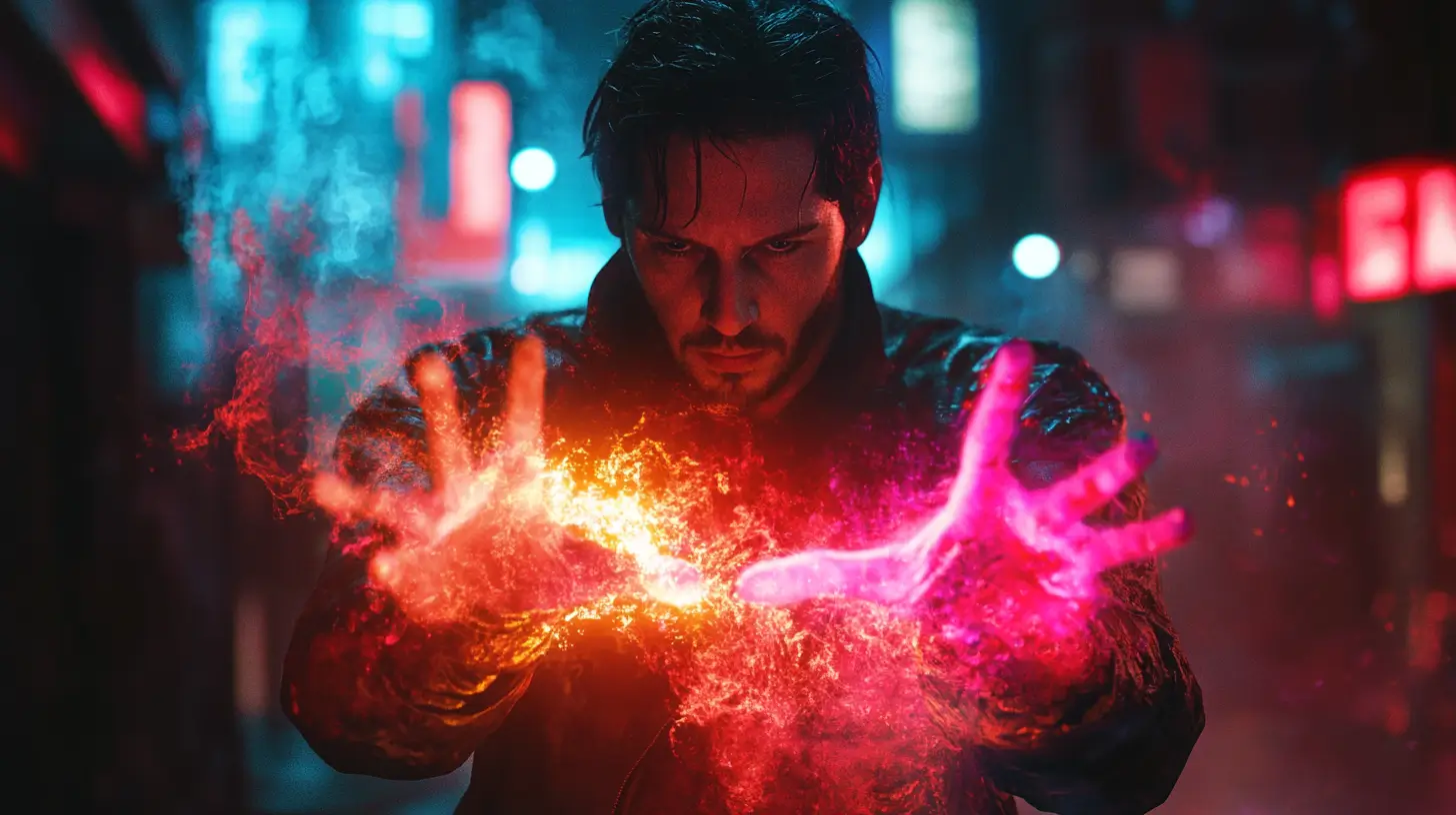 ein Mann, der einen Cyberpunk-Zauber mit Neon-Effekt wirkt