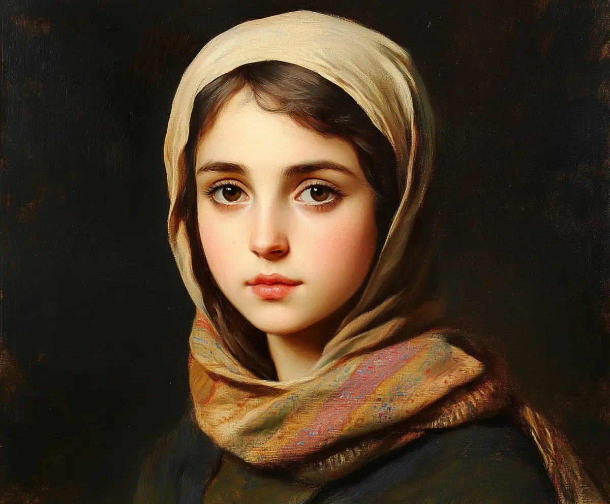 Traditionelles Ölgemälde einer Frau mit Kopftuch, generiert vom KI-Kunstgenerator von PicLumen