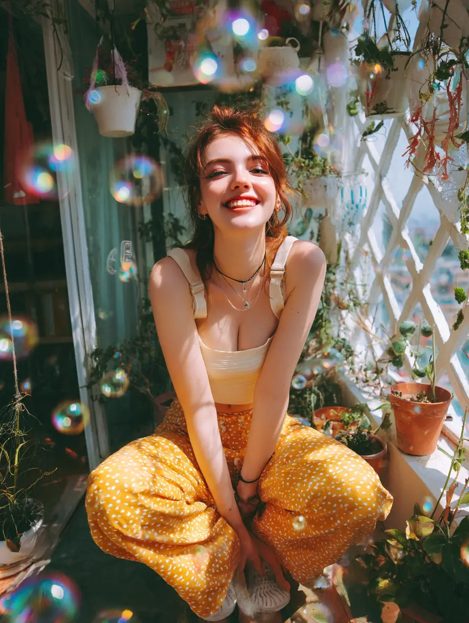 realistischer KI-Bildgenerator erstellte eine lächelnde Frau, die neben einem Zaun hockt-colored_clothes_bright_picture_e96630