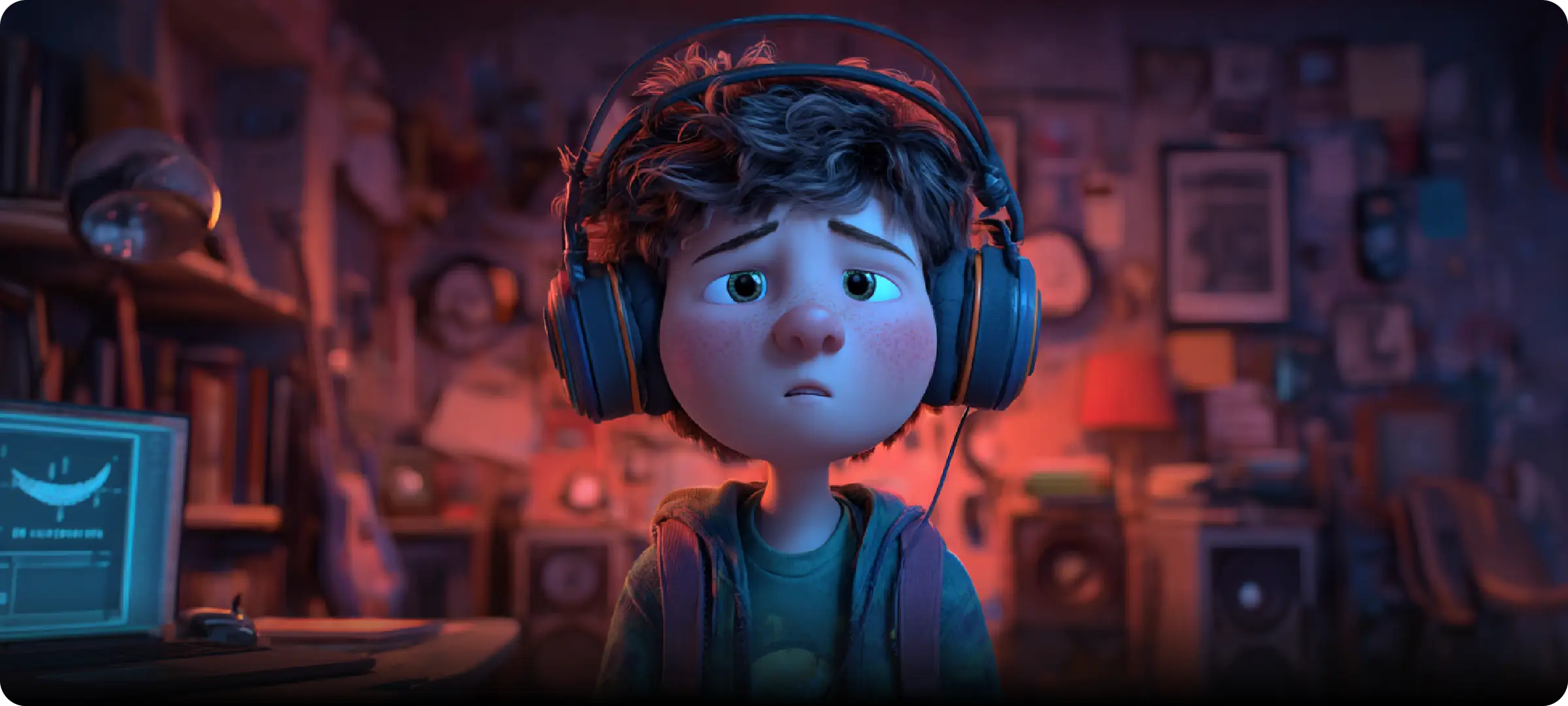 ein filmreifer 3D-animierter Charakter mit Kopfhörern