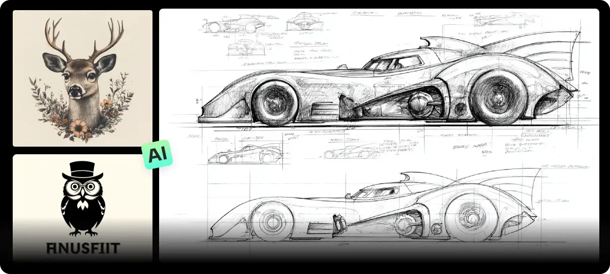 AI-generated logo and sports car concept sketches
