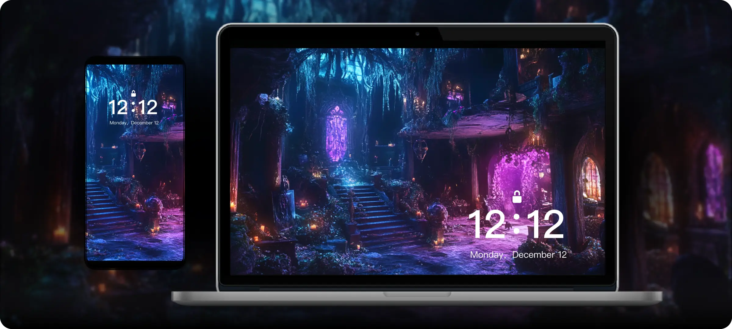 AI-generated fantasy background displayed on multiple devices