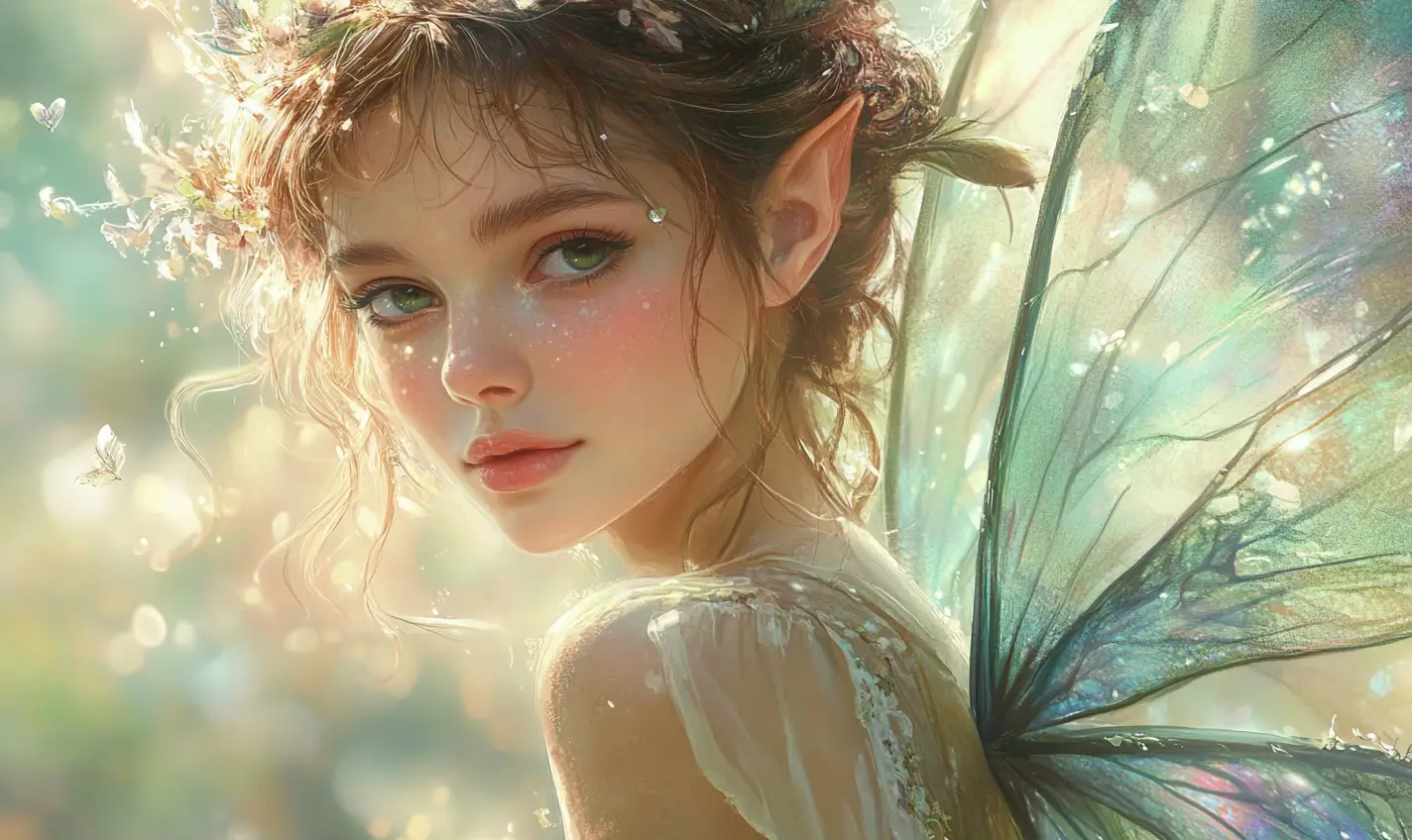 Fantasy-Illustration einer Fee mit grünen Flügeln