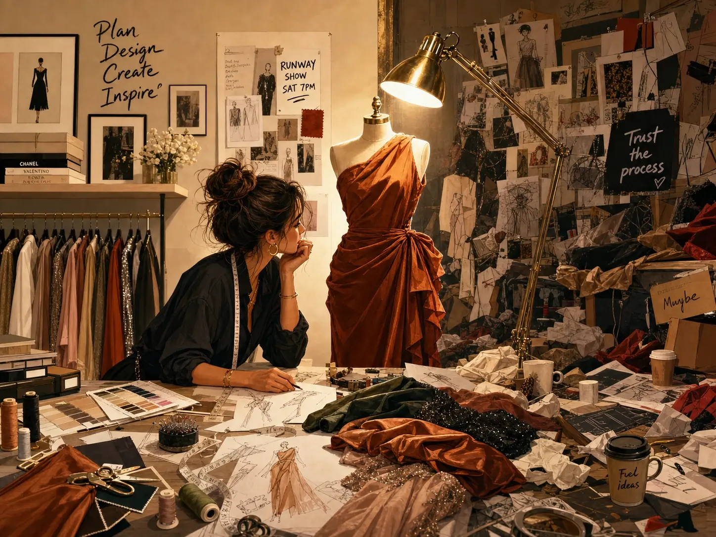 a magazine-style illustration of an independent fashion designer preparing for a small runway show