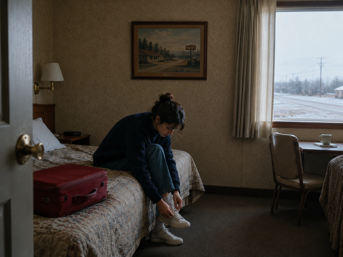 A woman in a navy sweater sits on the bed and ties her shoes