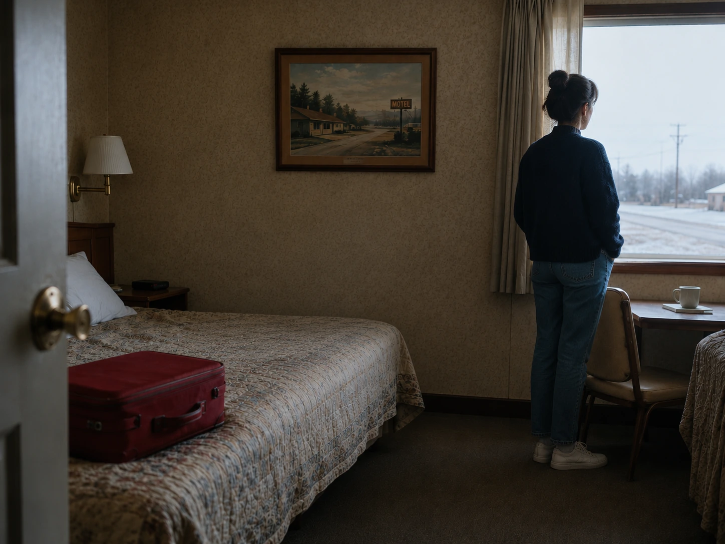 a woman standing beside the window