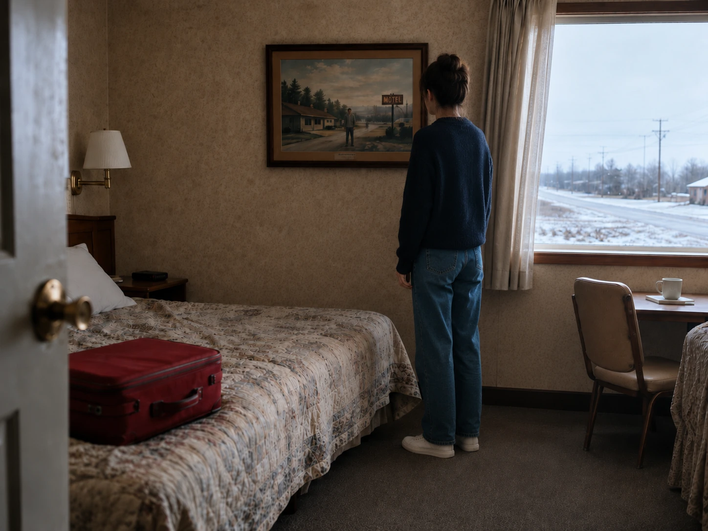 The woman is closer to the framed picture