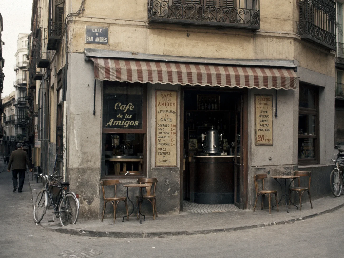 The same narrow corner café photographed from across the street in 1966