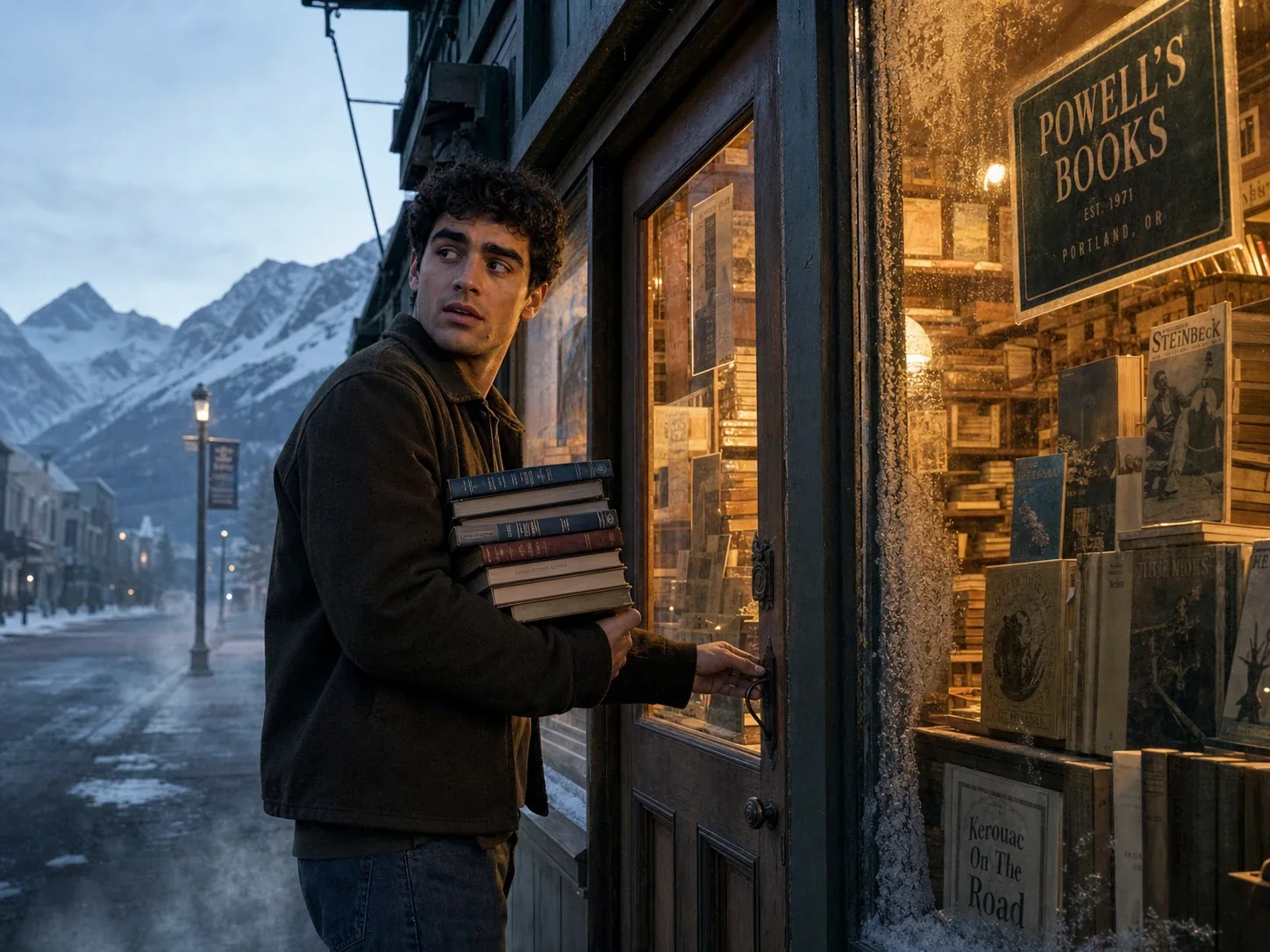 a man opening a small secondhand bookshop in a mountain town