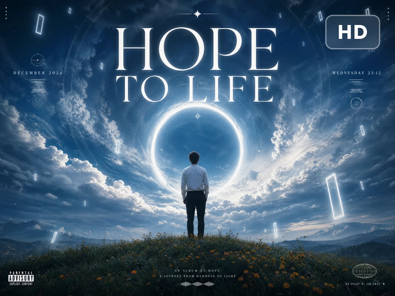 una portada de álbum que muestra a una persona de espaldas frente a una luz brillante en un cielo estrellado