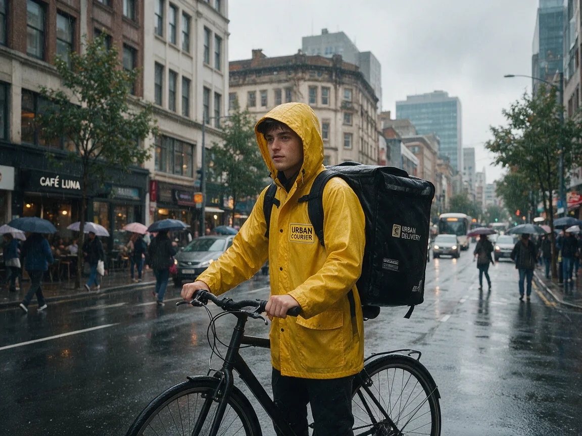 a young bike courier wearing a yellow raincoat