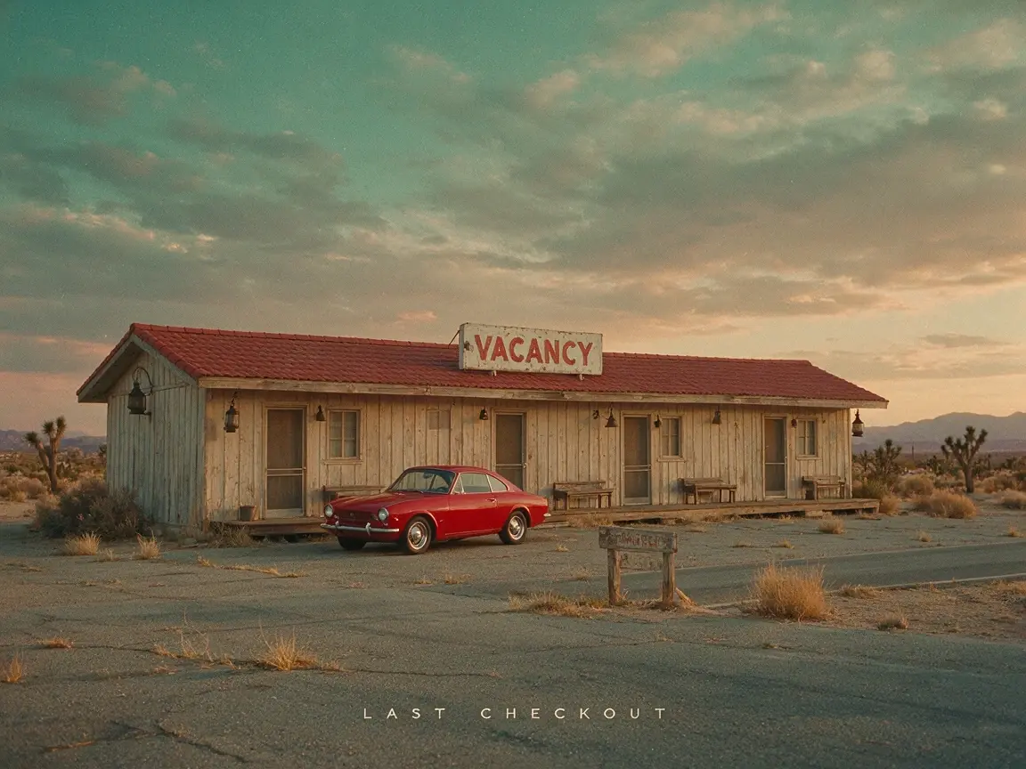 A lone red car outside an empty desert motel at dusk