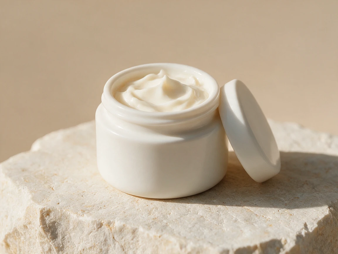 White ceramic face cream jar on pale limestone