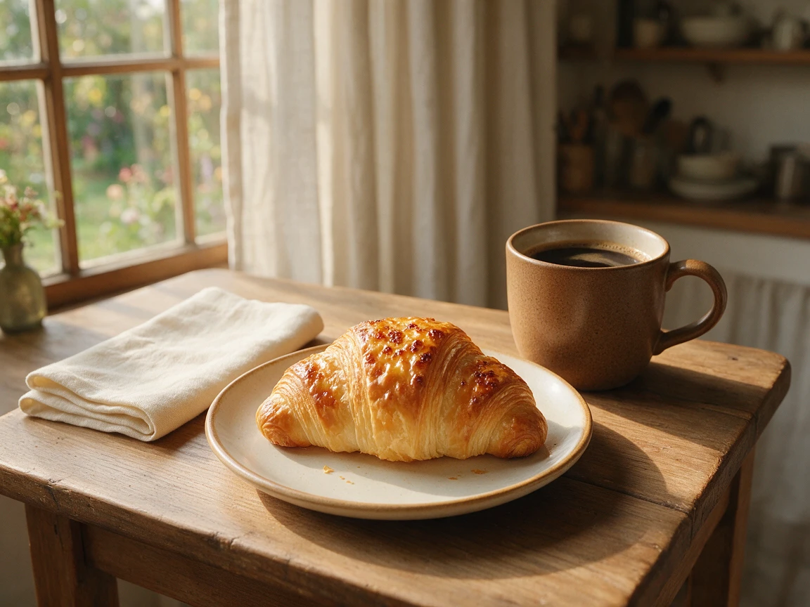 Butter croissant beside black coffee on a small wooden table