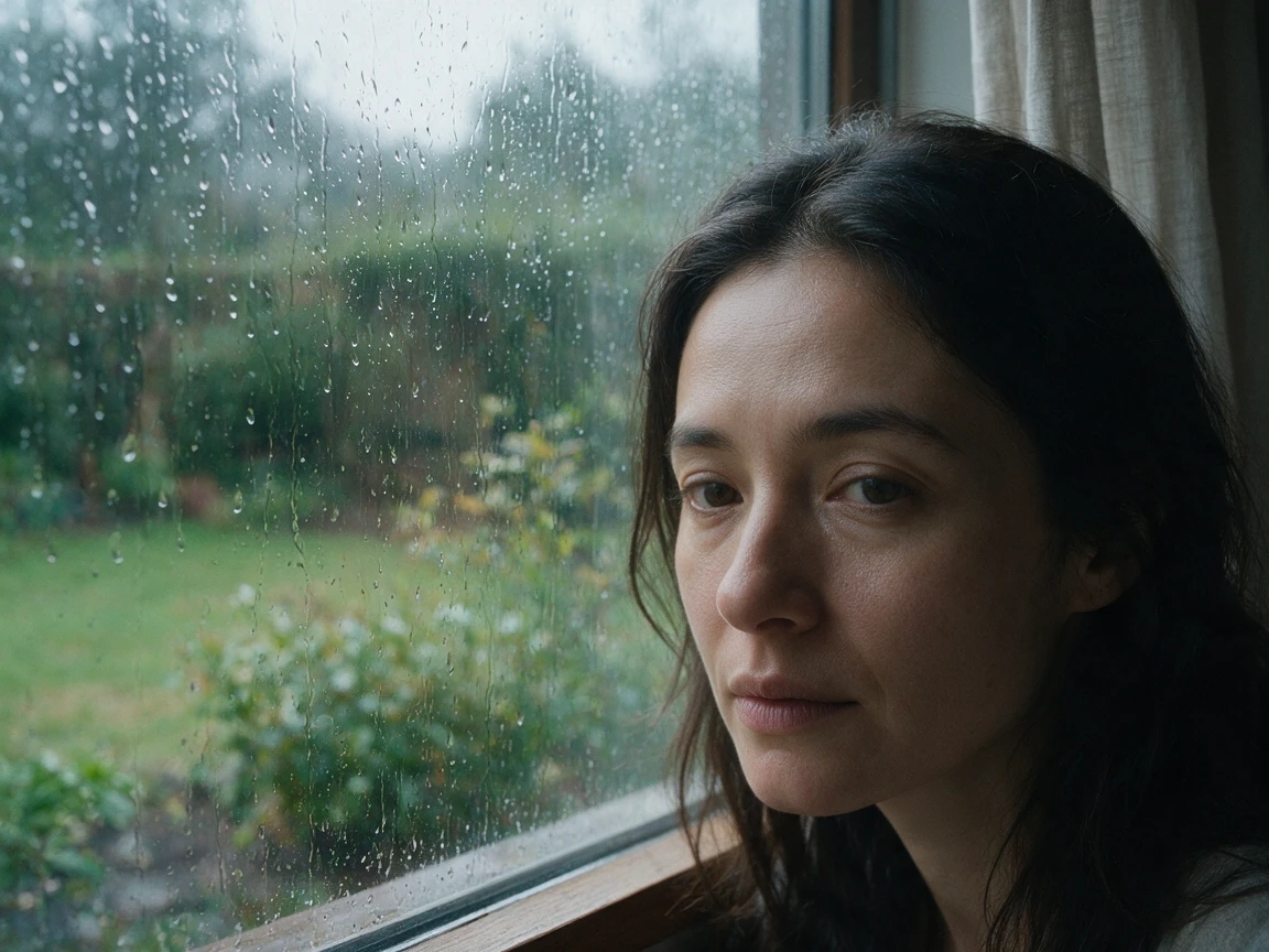Close portrait of a woman beside a rain-covered window