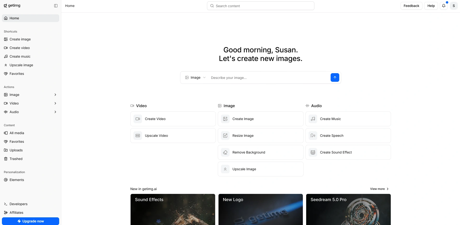 the getimg.ai dashboard showing AI tools in one workspace.