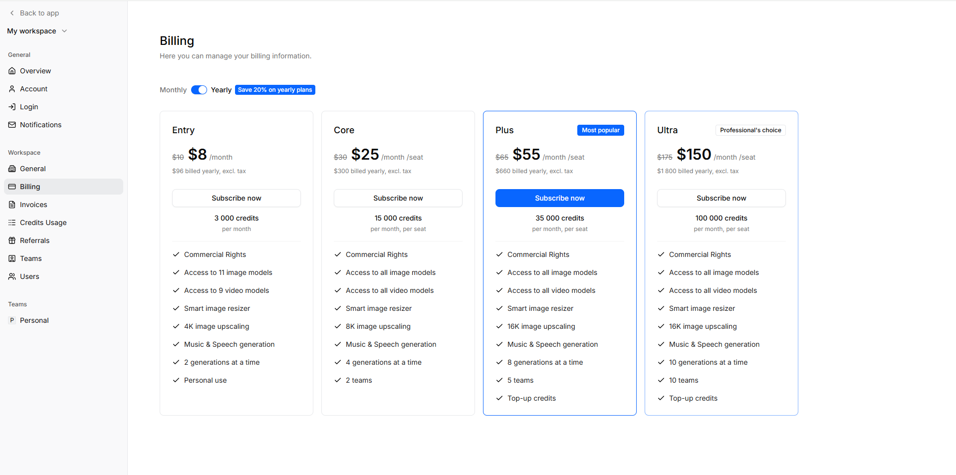 the getimg.ai pricing page displaying Entry, Core, Plus, and Ultra plans.