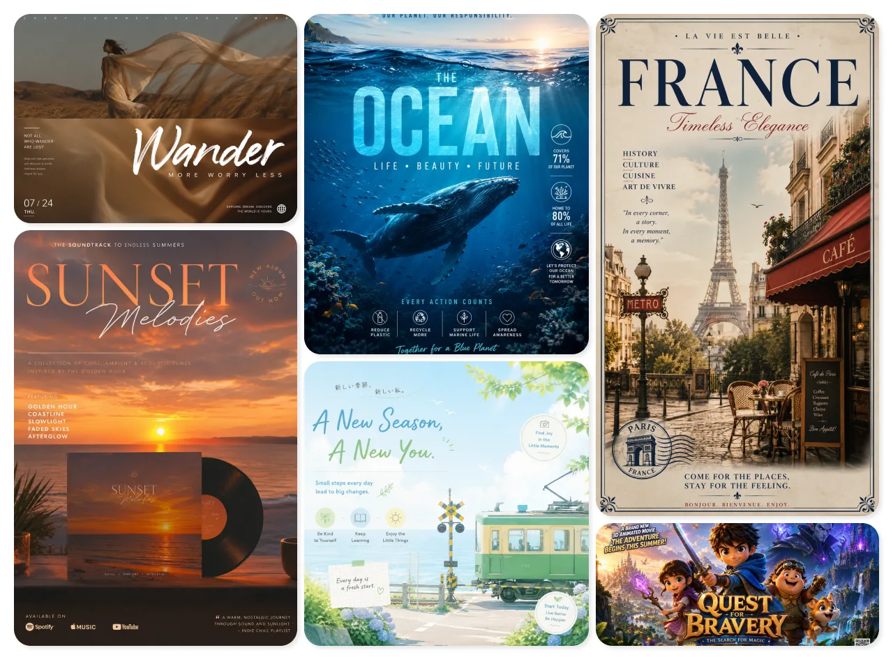 grid of AI movie poster examples showing different styles and themes