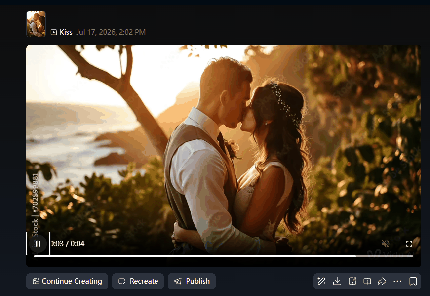 second Vidu AI Kiss feature generation after using recreate