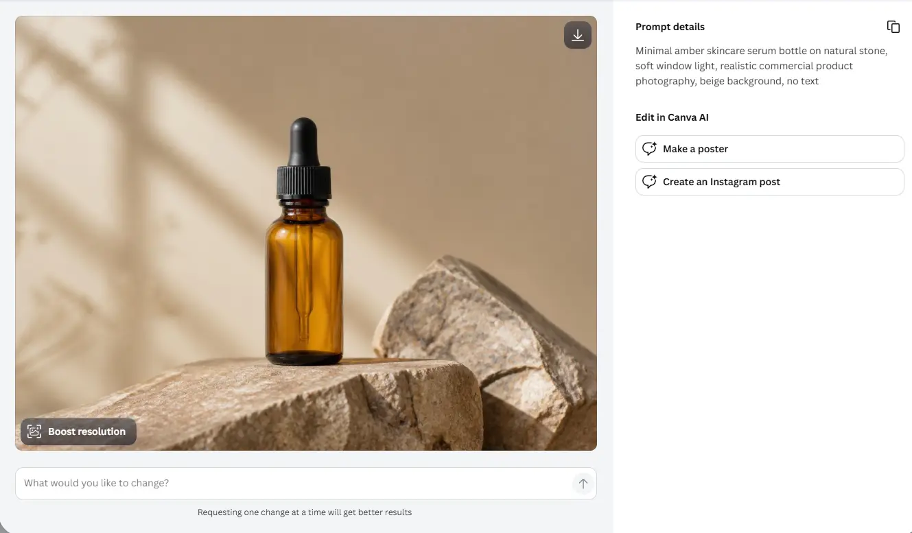 canva ai image generator test with a minimal amber serum bottle