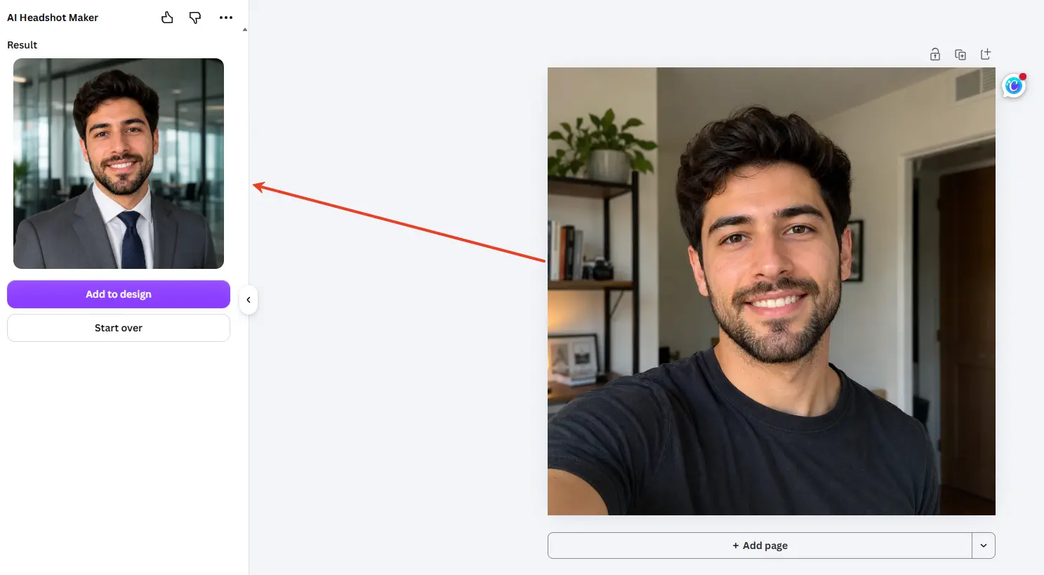 canva ai headshot generator review with an original selfie and professional result