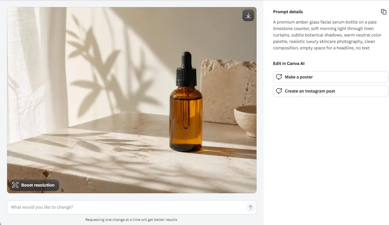 canva ai image generator review showing a luxury skincare product test