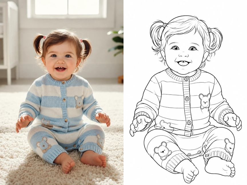 foto di bambino trasformata in una divertente pagina da colorare