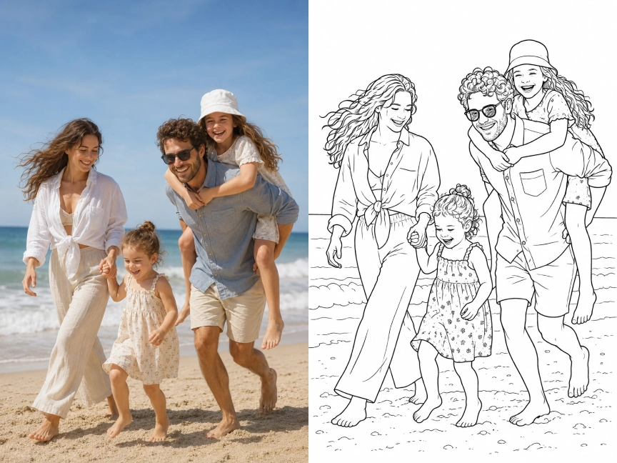 foto de família transformada em página de colorir personalizada
