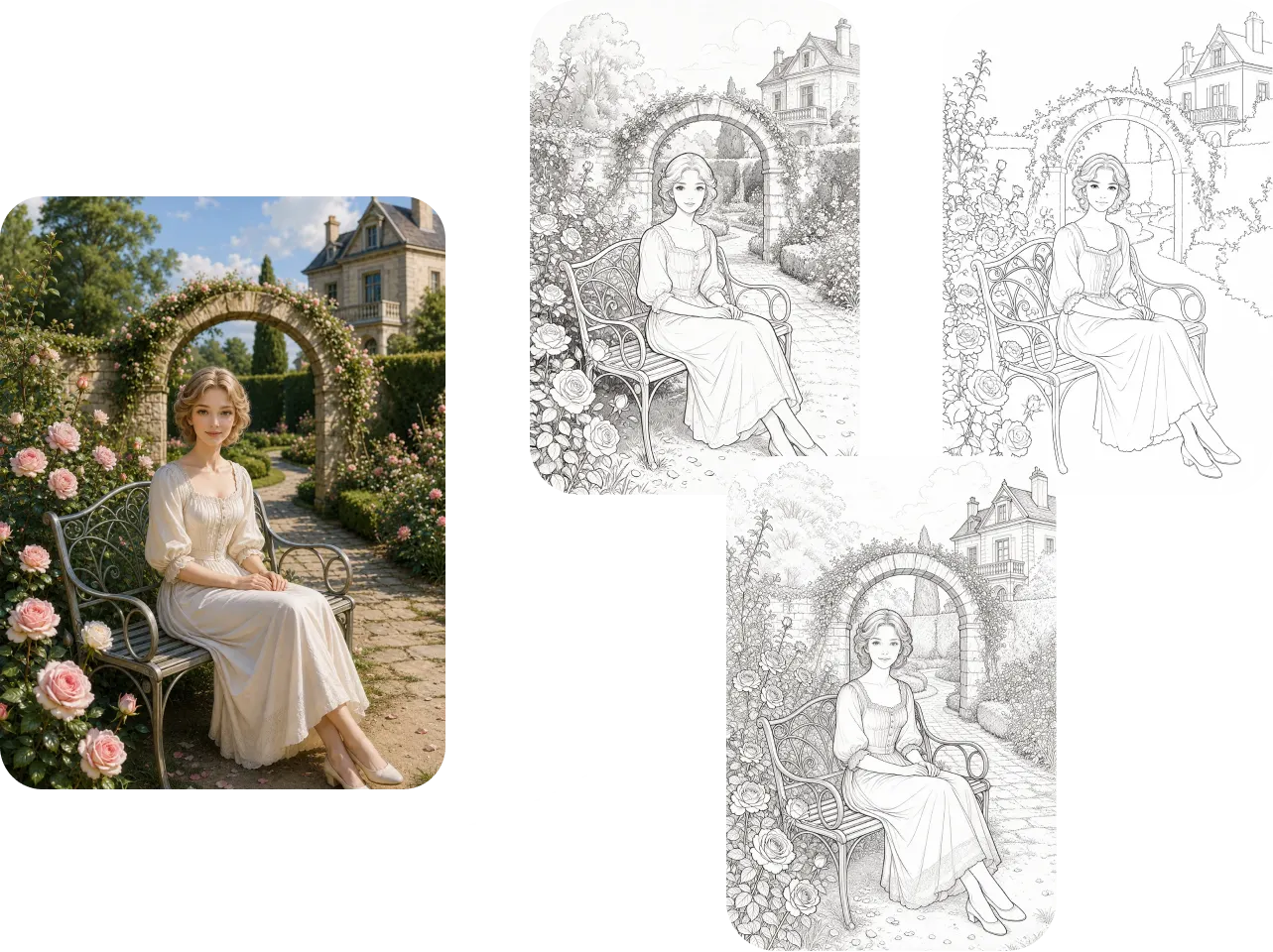 uma imagem convertida em vários estilos de página de colorir
