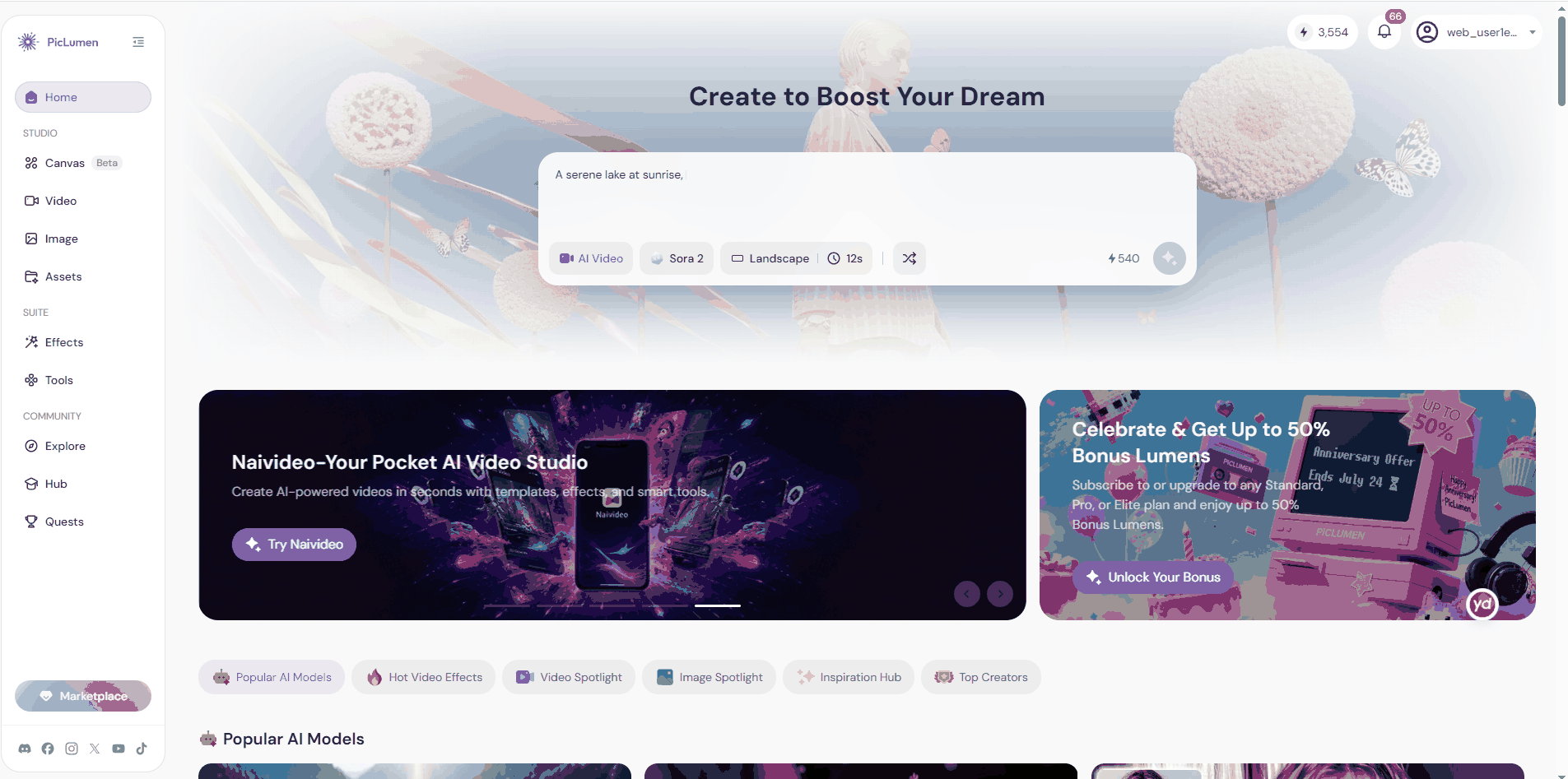 the piclumen homepage featuring AI image and video creation tools, canvas workflow