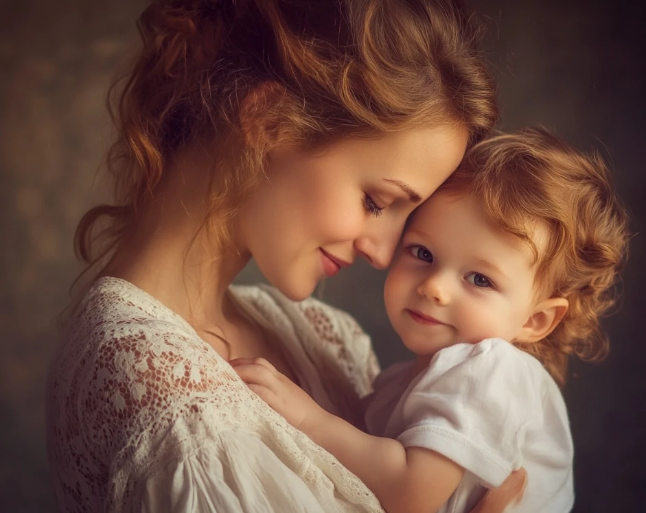Weiches Porträtfoto einer lächelnden Mutter, die ihr Kleinkind liebevoll an ihre Wange drückt.
