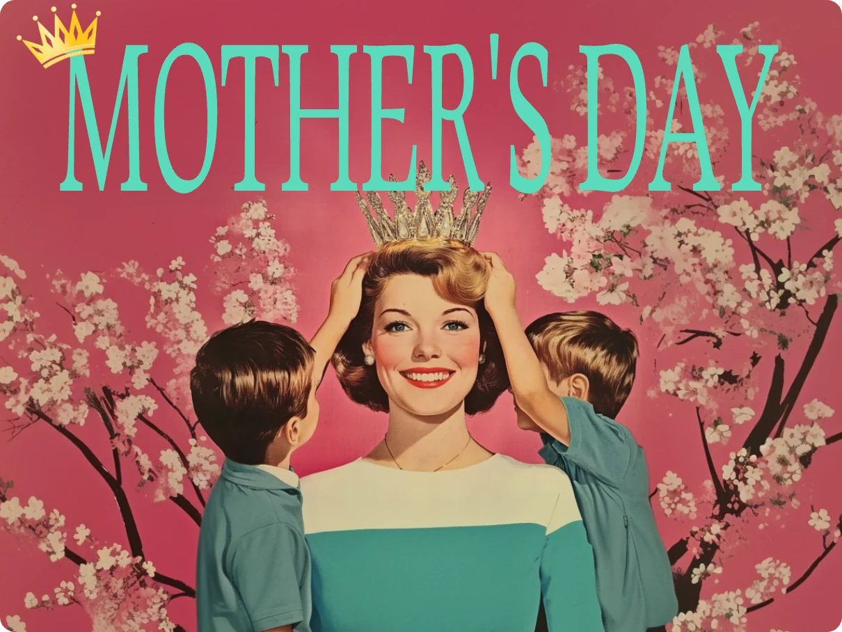Vintage style Mother's Day card with children placing a crown on their mother's head against a cherry blossom background.