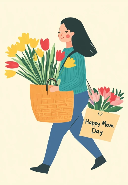 Flache Illustration einer Frau, die mit einer Einkaufstasche voller bunter Tulpen und einer „Happy Mom Day“-Karte spazieren geht.