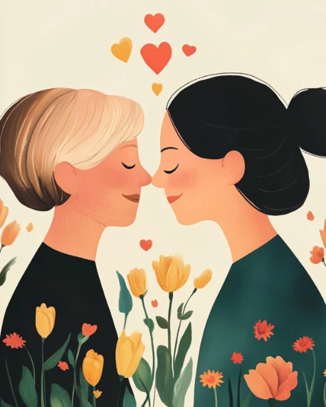Minimalistische Vektorillustration von zwei Frauen, die Stirn an Stirn aneinandergelehnt sind, umgeben von Herzen und Frühlingsblumen.
