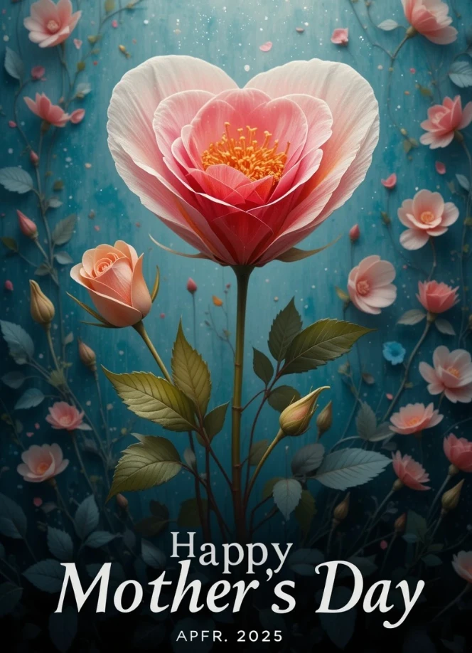 Muttertagsgrußkarte mit einer zentralen, herzförmigen rosa Blüte und dem Text „Happy Mother's Day“ am unteren Rand.