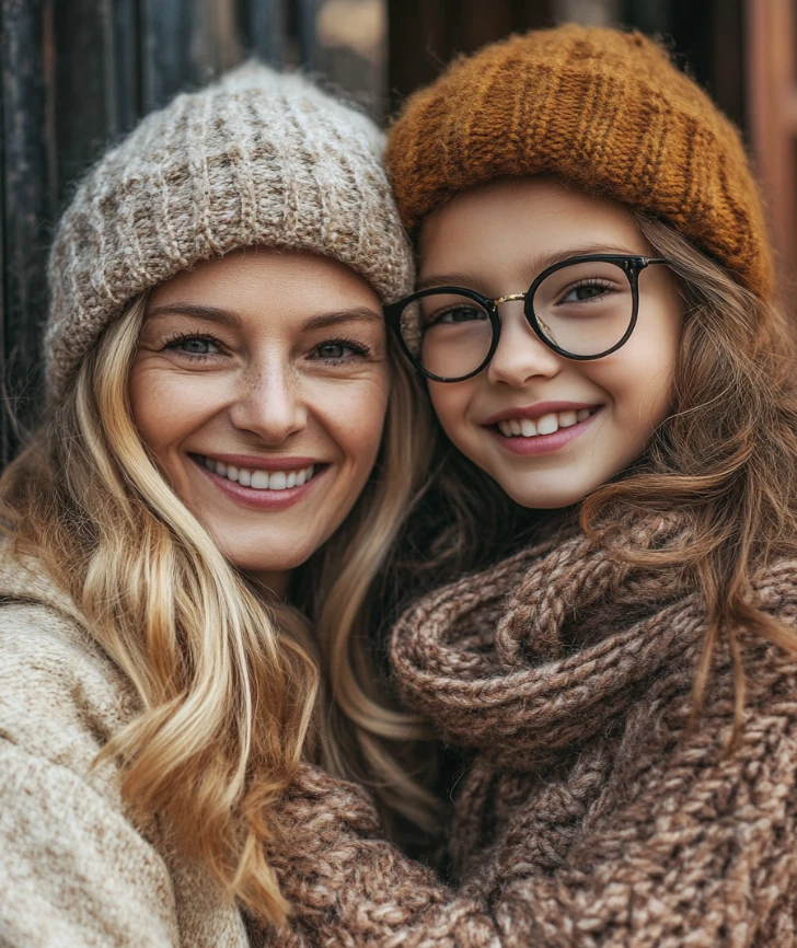 Eine lächelnde Mutter und ihre junge Tochter mit Winter-Strickmützen und Schals, die gemeinsam in die Kamera lächeln