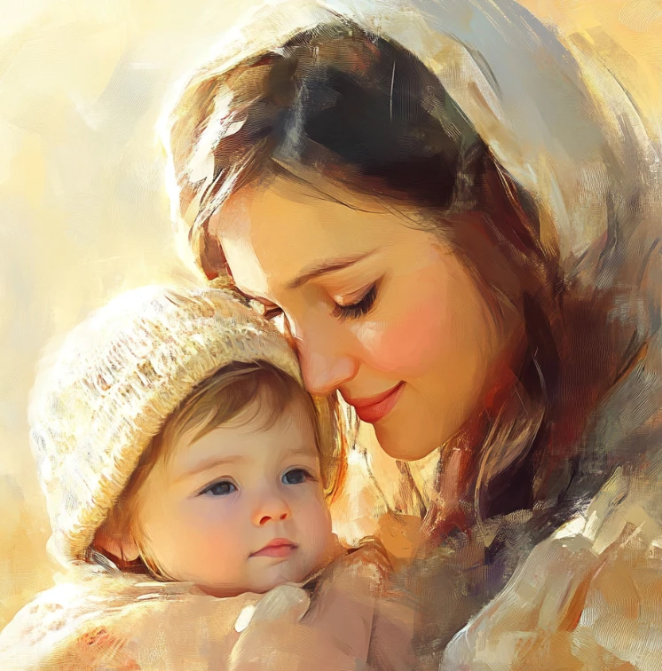 Künstlerisches Gemälde einer Mutter mit Kopftuch, die liebevoll ihr Baby mit Strickmütze im Arm hält.
